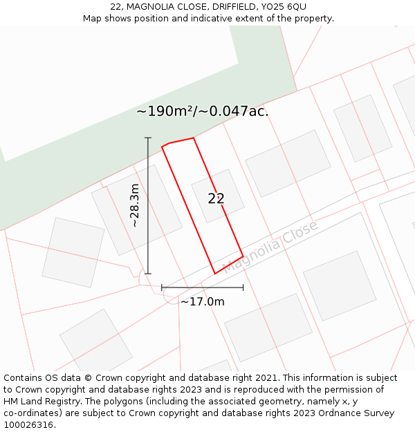 22, MAGNOLIA CLOSE, DRIFFIELD, YO25 6QU: Plot and title map
