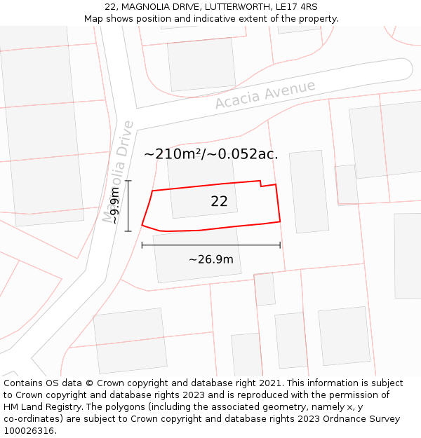 22, MAGNOLIA DRIVE, LUTTERWORTH, LE17 4RS: Plot and title map