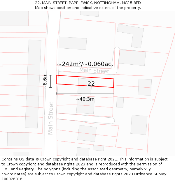 22, MAIN STREET, PAPPLEWICK, NOTTINGHAM, NG15 8FD: Plot and title map