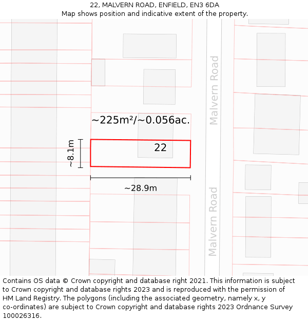 22, MALVERN ROAD, ENFIELD, EN3 6DA: Plot and title map
