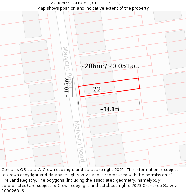 22, MALVERN ROAD, GLOUCESTER, GL1 3JT: Plot and title map