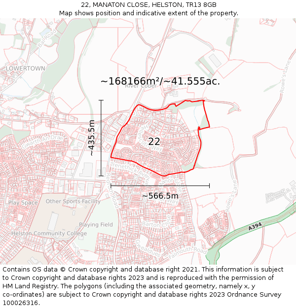 22, MANATON CLOSE, HELSTON, TR13 8GB: Plot and title map