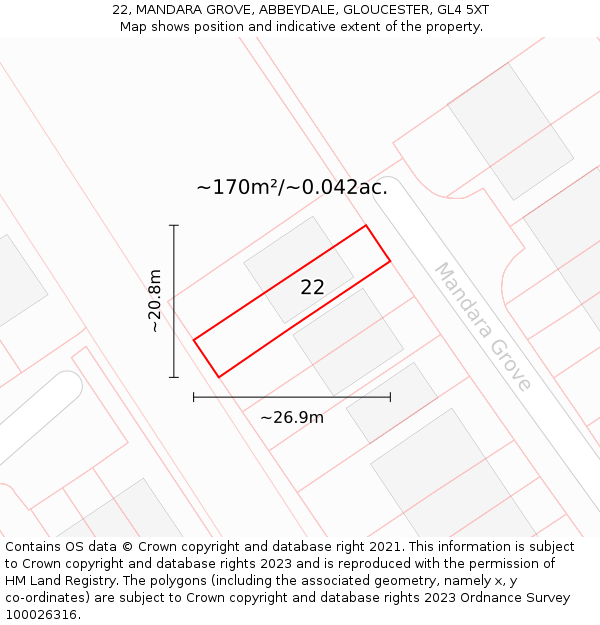 22, MANDARA GROVE, ABBEYDALE, GLOUCESTER, GL4 5XT: Plot and title map