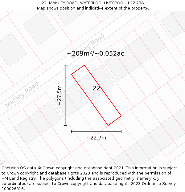 22, MANLEY ROAD, WATERLOO, LIVERPOOL, L22 7RA: Plot and title map