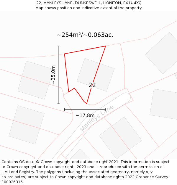 22, MANLEYS LANE, DUNKESWELL, HONITON, EX14 4XQ: Plot and title map