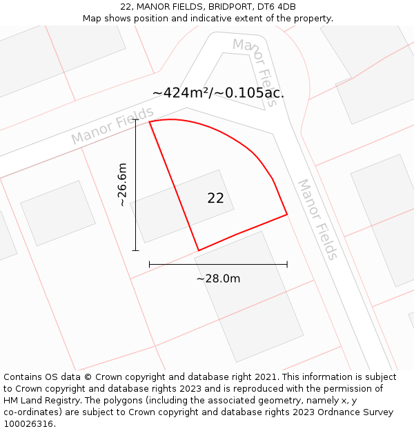 22, MANOR FIELDS, BRIDPORT, DT6 4DB: Plot and title map