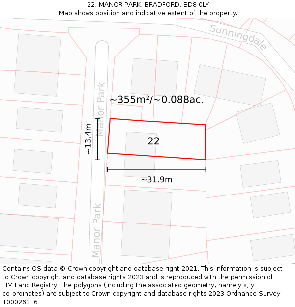 22, MANOR PARK, BRADFORD, BD8 0LY: Plot and title map