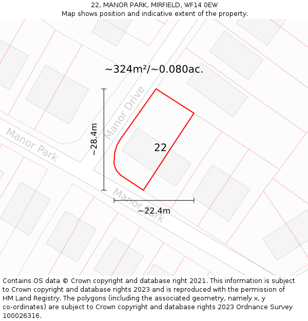 22, MANOR PARK, MIRFIELD, WF14 0EW: Plot and title map