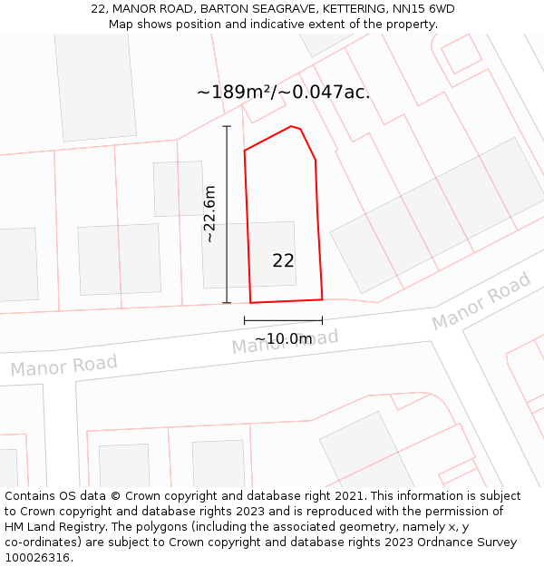 22, MANOR ROAD, BARTON SEAGRAVE, KETTERING, NN15 6WD: Plot and title map