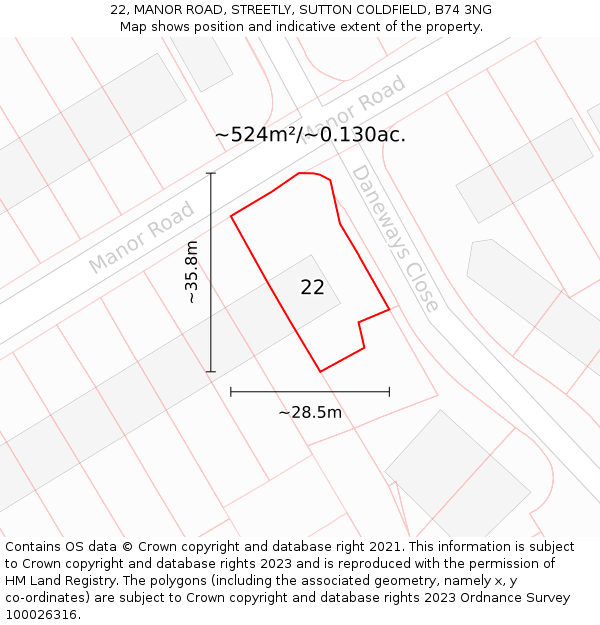 22, MANOR ROAD, STREETLY, SUTTON COLDFIELD, B74 3NG: Plot and title map