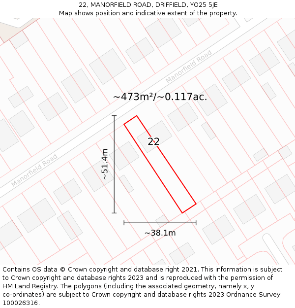 22, MANORFIELD ROAD, DRIFFIELD, YO25 5JE: Plot and title map