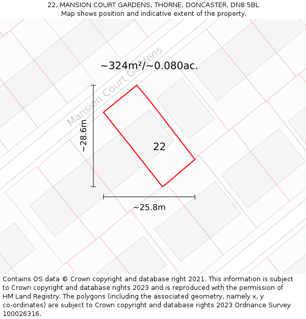 22, MANSION COURT GARDENS, THORNE, DONCASTER, DN8 5BL: Plot and title map