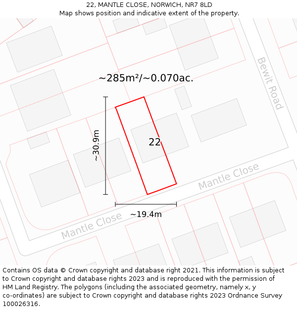 22, MANTLE CLOSE, NORWICH, NR7 8LD: Plot and title map