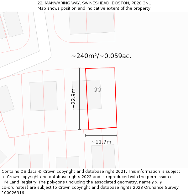22, MANWARING WAY, SWINESHEAD, BOSTON, PE20 3NU: Plot and title map