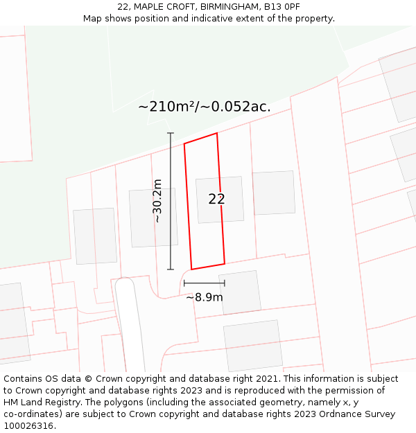 22, MAPLE CROFT, BIRMINGHAM, B13 0PF: Plot and title map