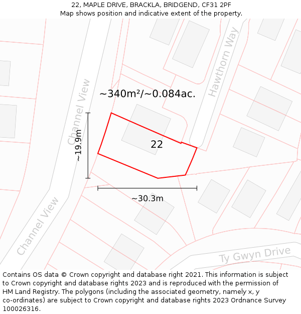 22, MAPLE DRIVE, BRACKLA, BRIDGEND, CF31 2PF: Plot and title map