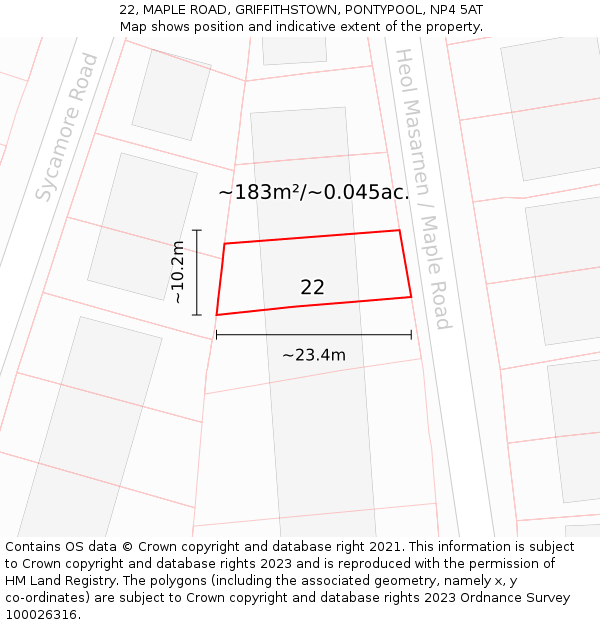 22, MAPLE ROAD, GRIFFITHSTOWN, PONTYPOOL, NP4 5AT: Plot and title map