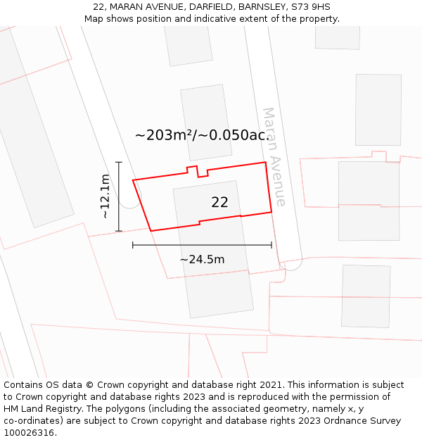22, MARAN AVENUE, DARFIELD, BARNSLEY, S73 9HS: Plot and title map