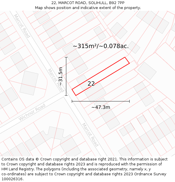 22, MARCOT ROAD, SOLIHULL, B92 7PP: Plot and title map