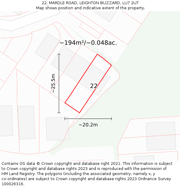 22, MARDLE ROAD, LEIGHTON BUZZARD, LU7 2UT: Plot and title map
