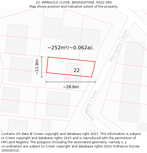 22, MARIGOLD CLOSE, BASINGSTOKE, RG22 5RG: Plot and title map