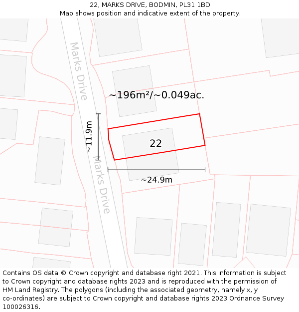 22, MARKS DRIVE, BODMIN, PL31 1BD: Plot and title map