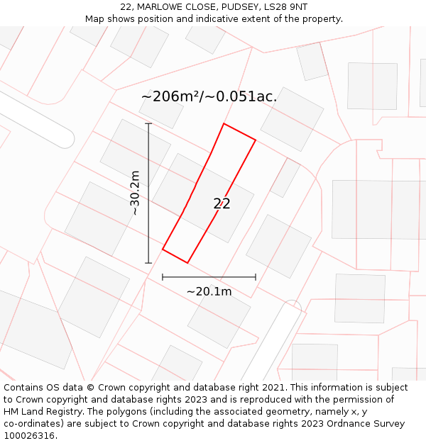 22, MARLOWE CLOSE, PUDSEY, LS28 9NT: Plot and title map