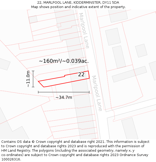 22, MARLPOOL LANE, KIDDERMINSTER, DY11 5DA: Plot and title map
