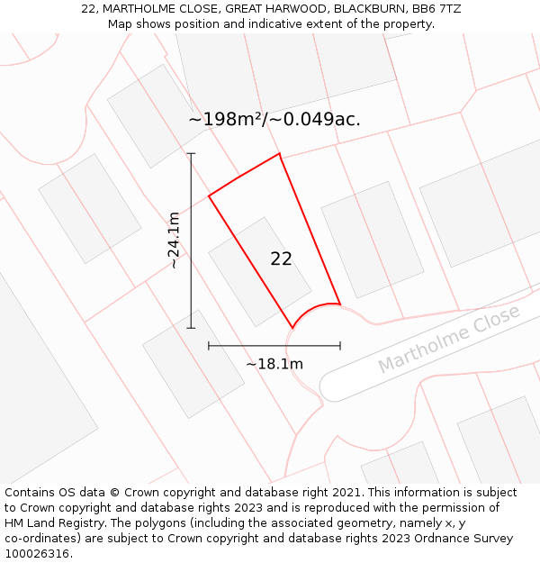 22, MARTHOLME CLOSE, GREAT HARWOOD, BLACKBURN, BB6 7TZ: Plot and title map
