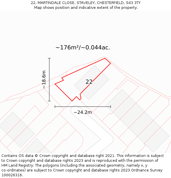 22, MARTINDALE CLOSE, STAVELEY, CHESTERFIELD, S43 3TY: Plot and title map