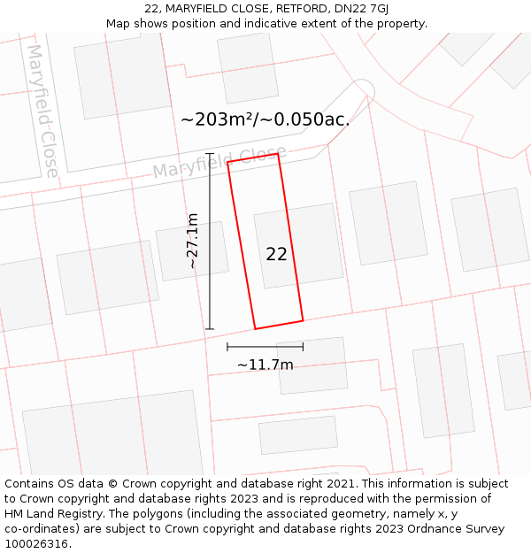 22, MARYFIELD CLOSE, RETFORD, DN22 7GJ: Plot and title map