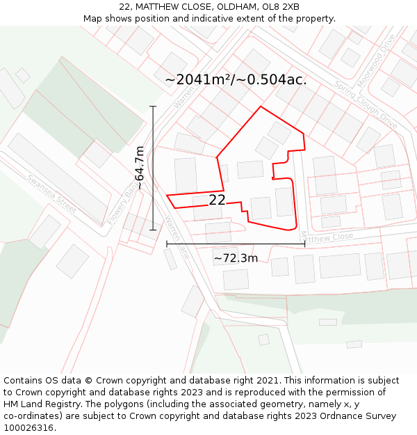 22, MATTHEW CLOSE, OLDHAM, OL8 2XB: Plot and title map