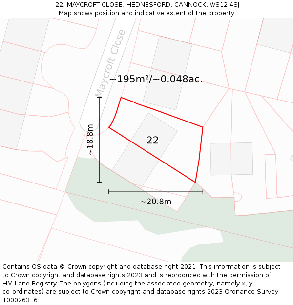 22, MAYCROFT CLOSE, HEDNESFORD, CANNOCK, WS12 4SJ: Plot and title map