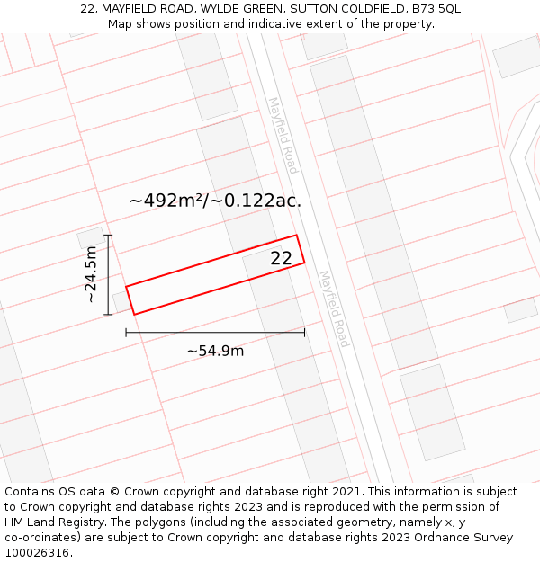 22, MAYFIELD ROAD, WYLDE GREEN, SUTTON COLDFIELD, B73 5QL: Plot and title map