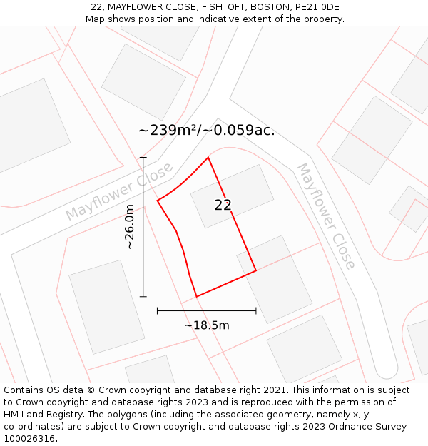 22, MAYFLOWER CLOSE, FISHTOFT, BOSTON, PE21 0DE: Plot and title map
