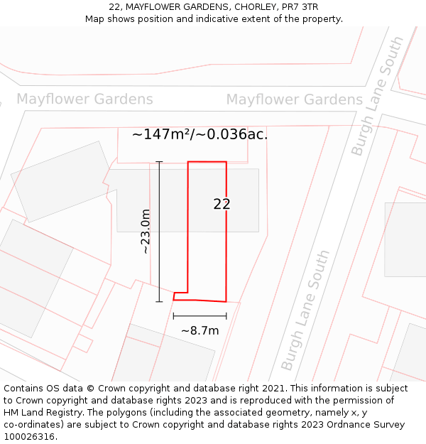 22, MAYFLOWER GARDENS, CHORLEY, PR7 3TR: Plot and title map