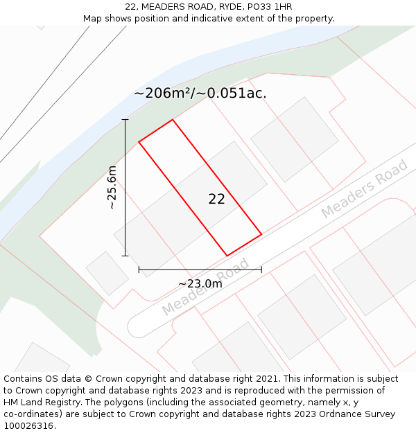 22, MEADERS ROAD, RYDE, PO33 1HR: Plot and title map