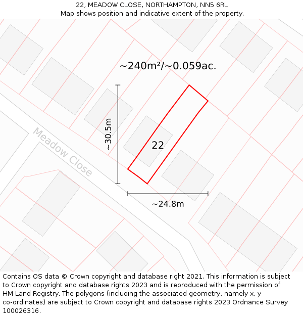 22, MEADOW CLOSE, NORTHAMPTON, NN5 6RL: Plot and title map