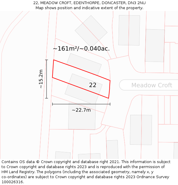 22, MEADOW CROFT, EDENTHORPE, DONCASTER, DN3 2NU: Plot and title map