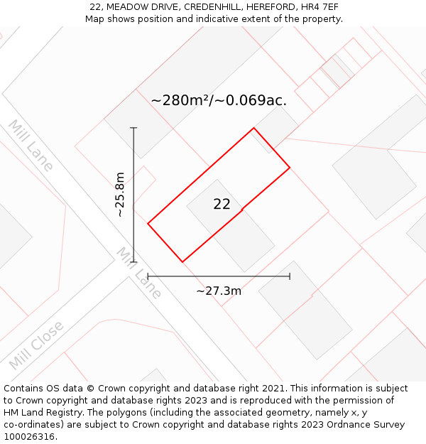 22, MEADOW DRIVE, CREDENHILL, HEREFORD, HR4 7EF: Plot and title map
