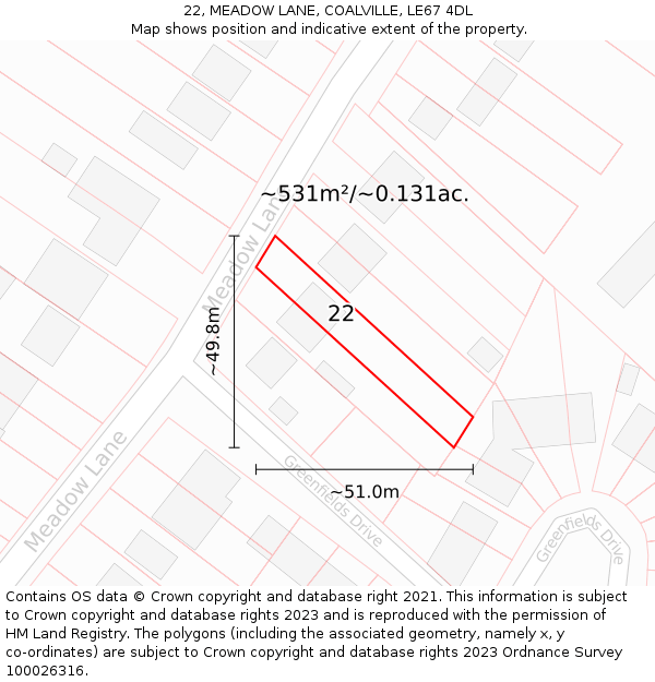 22, MEADOW LANE, COALVILLE, LE67 4DL: Plot and title map