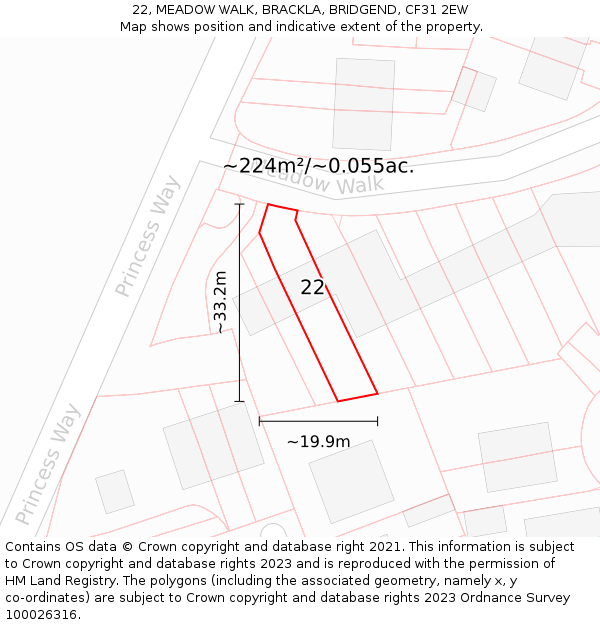 22, MEADOW WALK, BRACKLA, BRIDGEND, CF31 2EW: Plot and title map