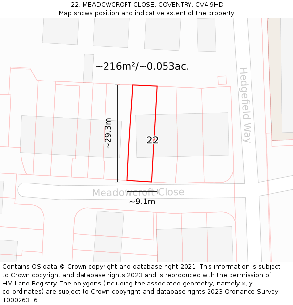 22, MEADOWCROFT CLOSE, COVENTRY, CV4 9HD: Plot and title map