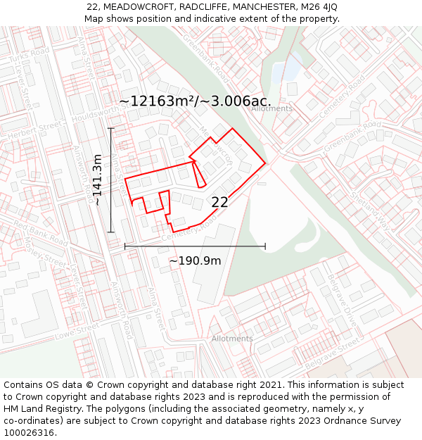22, MEADOWCROFT, RADCLIFFE, MANCHESTER, M26 4JQ: Plot and title map