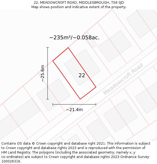 22, MEADOWCROFT ROAD, MIDDLESBROUGH, TS6 0JD: Plot and title map