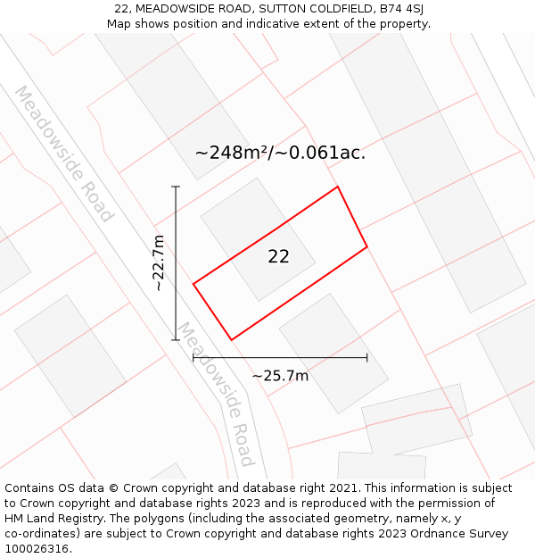 22, MEADOWSIDE ROAD, SUTTON COLDFIELD, B74 4SJ: Plot and title map