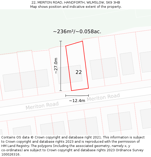 22, MERITON ROAD, HANDFORTH, WILMSLOW, SK9 3HB: Plot and title map