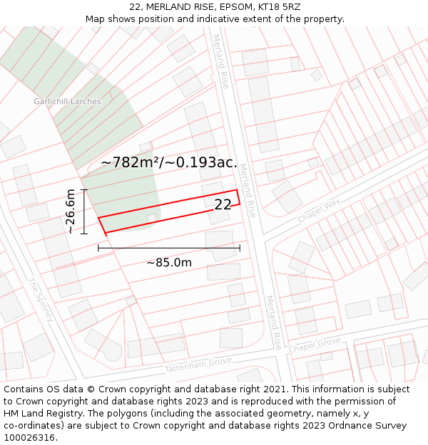 22, MERLAND RISE, EPSOM, KT18 5RZ: Plot and title map