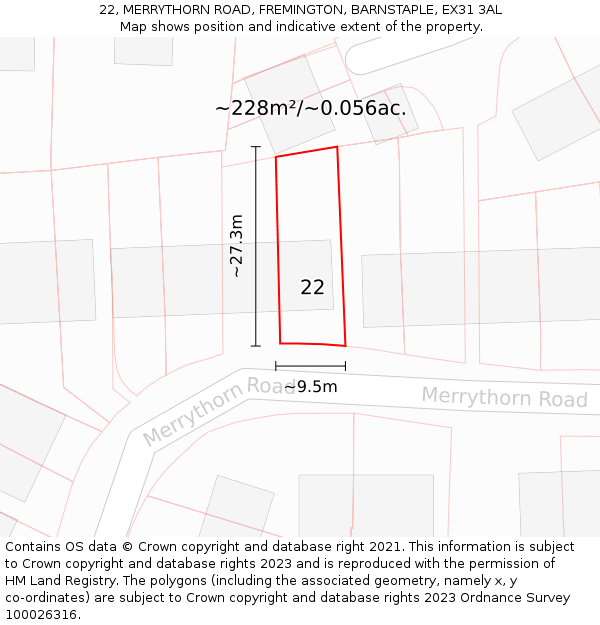 22, MERRYTHORN ROAD, FREMINGTON, BARNSTAPLE, EX31 3AL: Plot and title map