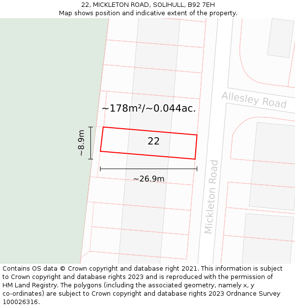 22, MICKLETON ROAD, SOLIHULL, B92 7EH: Plot and title map